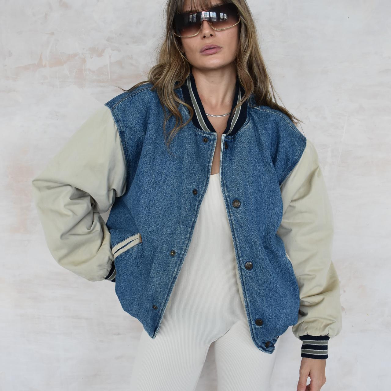 Denim varsity jacket womens best sale