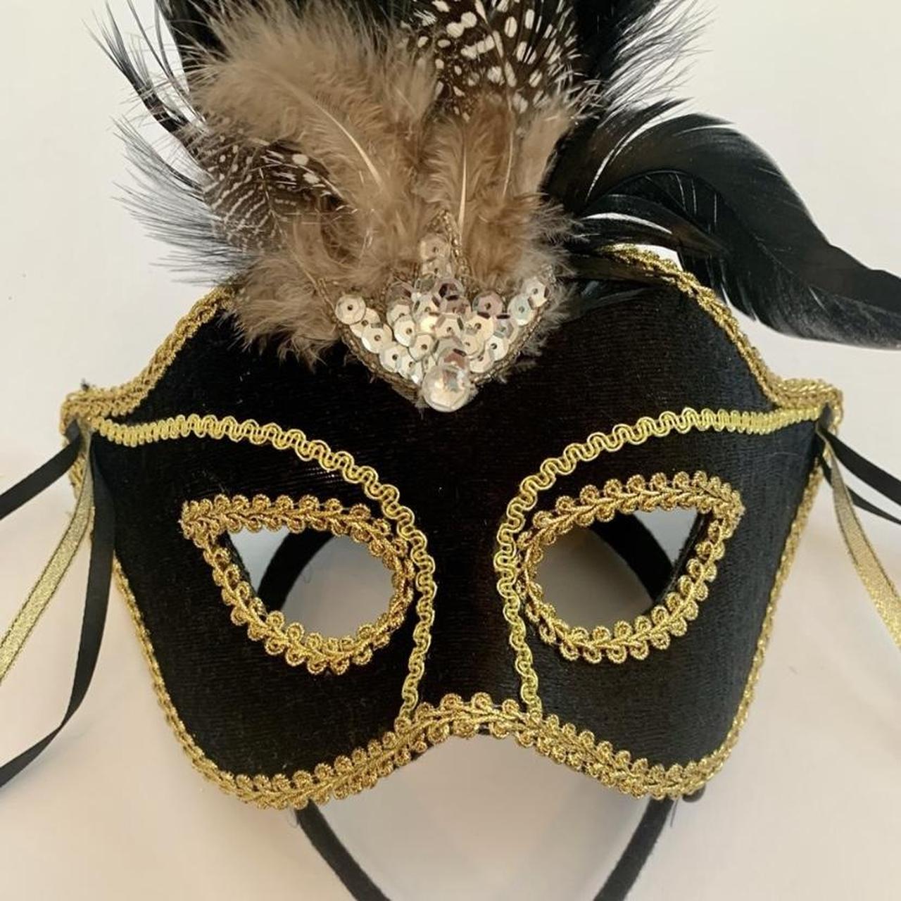 Black and Gold Mardi Gras Mask with Feather - Each