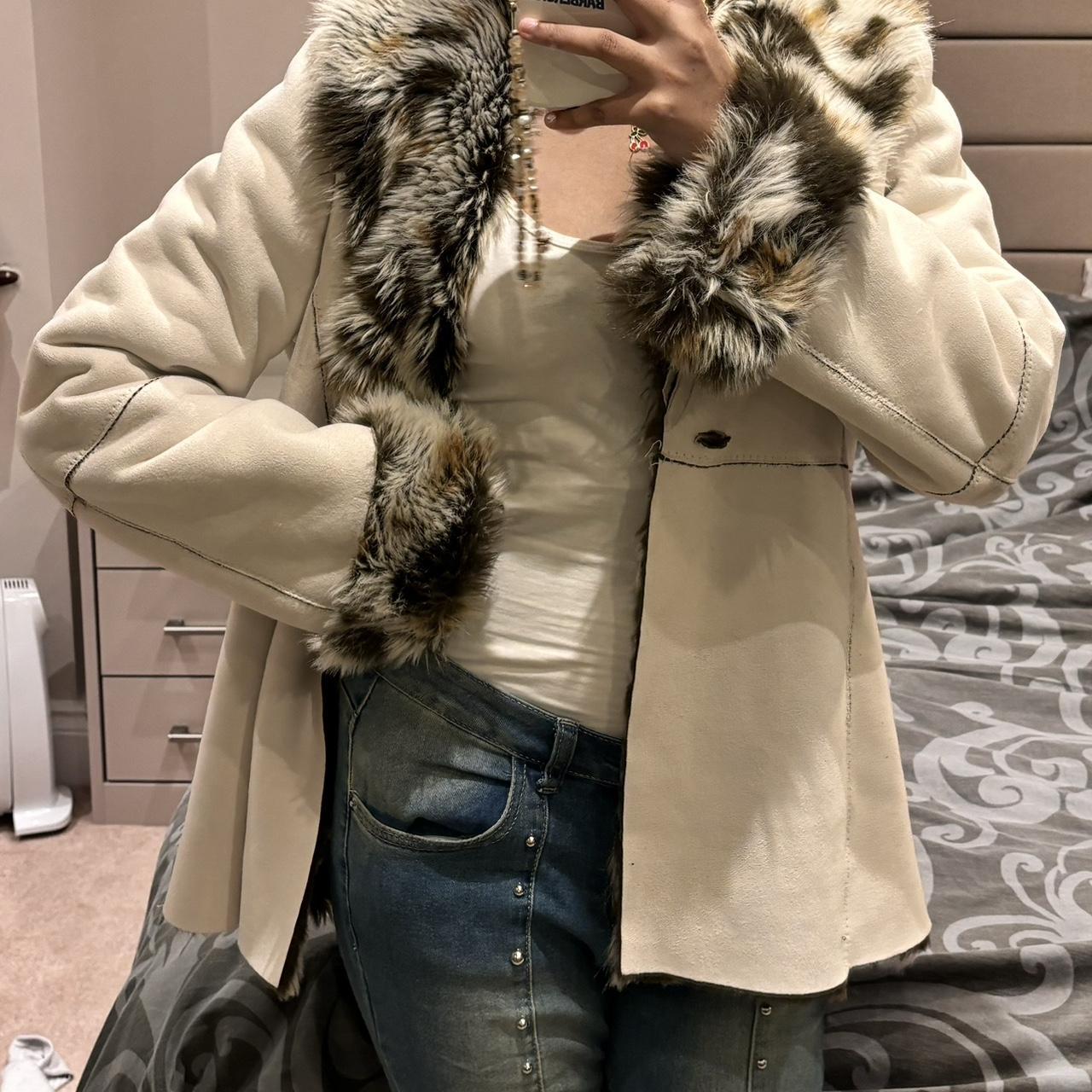 Cream faux fur suede coat/jacket fur lined by Evie... - Depop