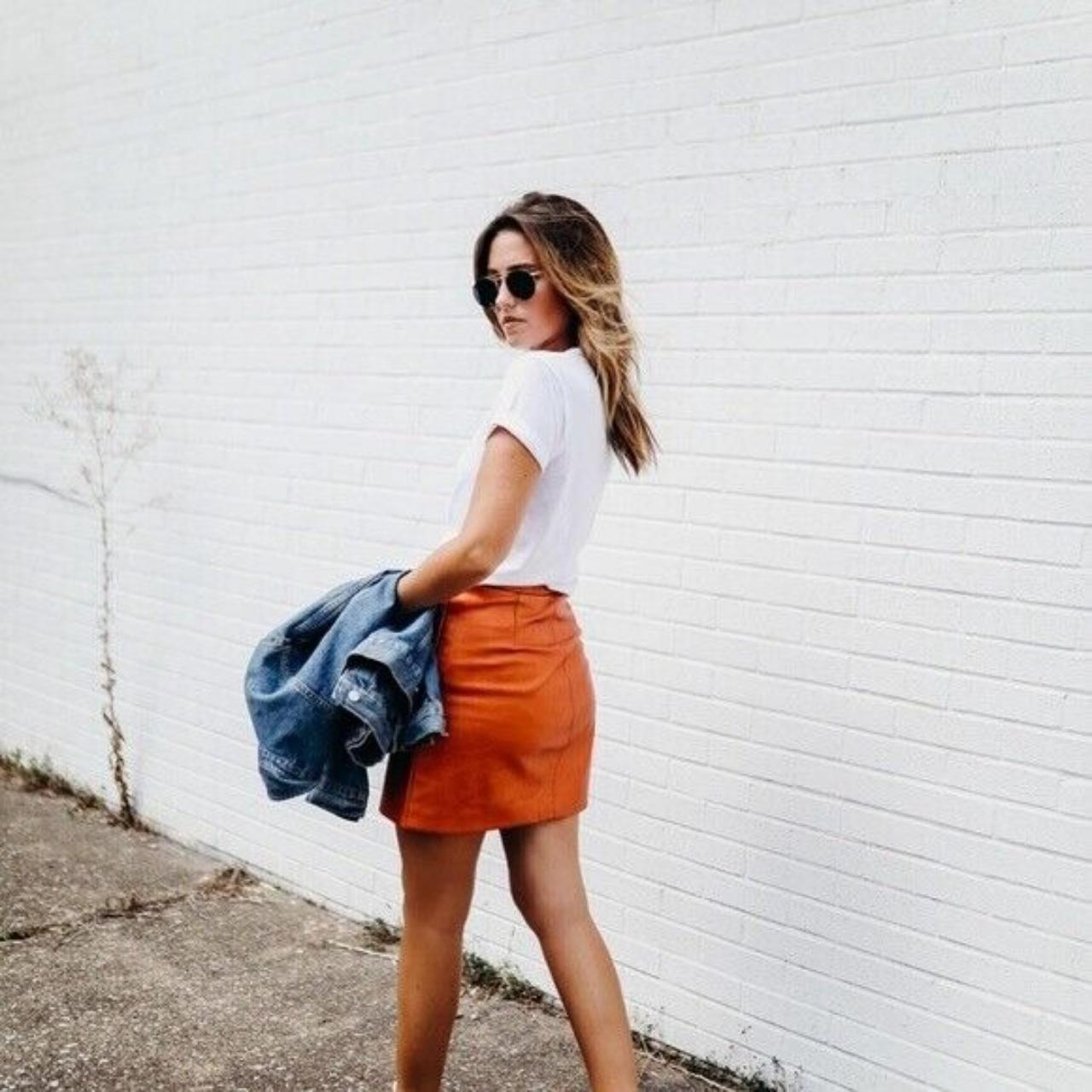 Topshop orange leather on sale skirt