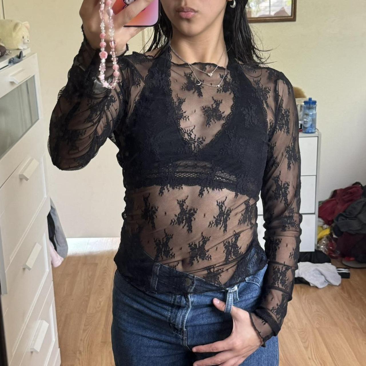 black Floral sheer lace long sleeve abercrombie and... Depop