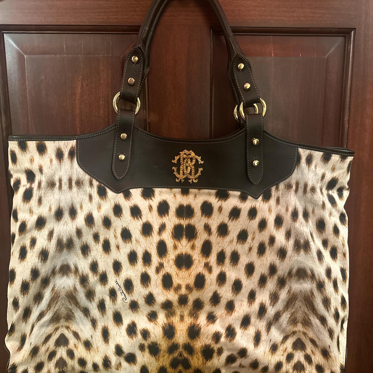 Roberto Cavalli Leopard Leather Canvas Brown Tote