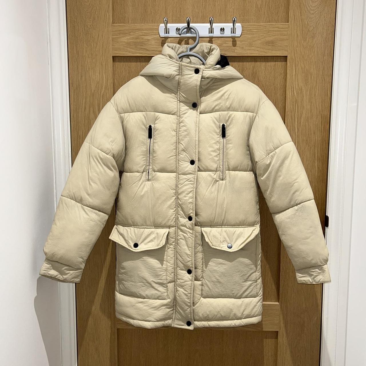 Women's Cream and Black Coat Depop