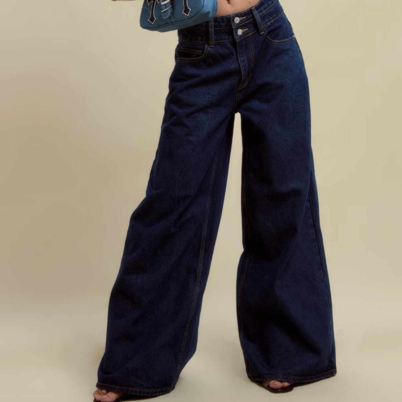 Dark Blue Wash Double Waistband Wide Leg Jeans