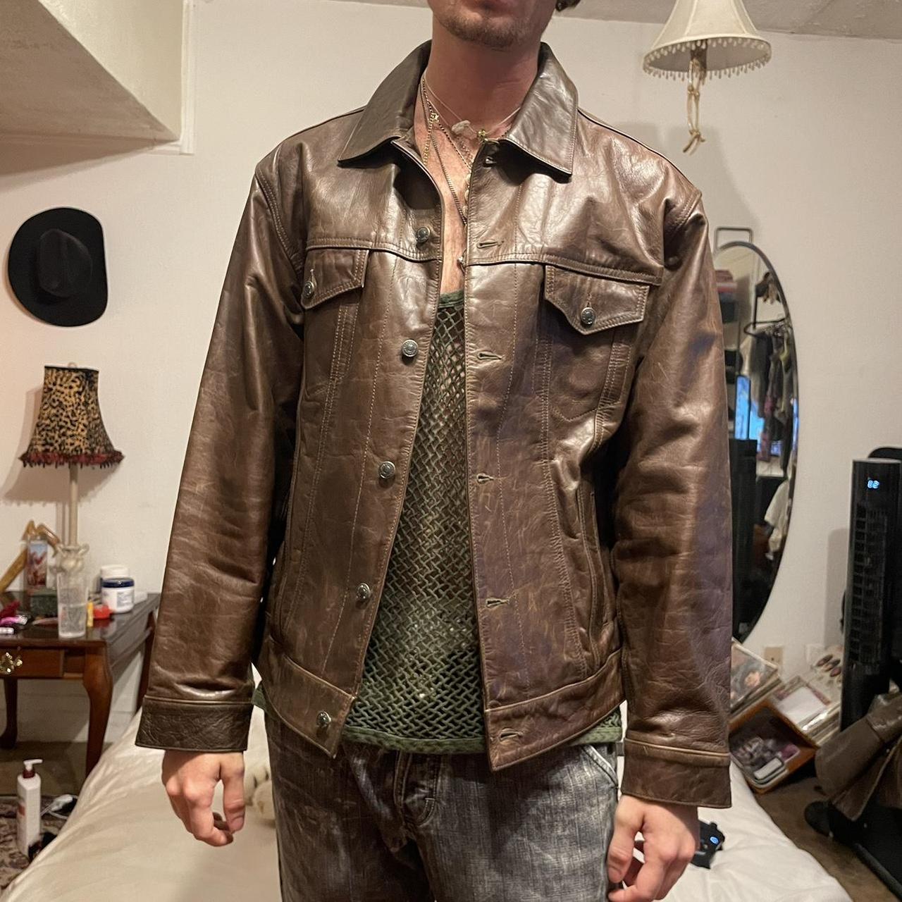 ジャケット・アウター old gap brown leather jackets Vintage 90's Gap Blue Jeans Brown Button-up Leather Jacket