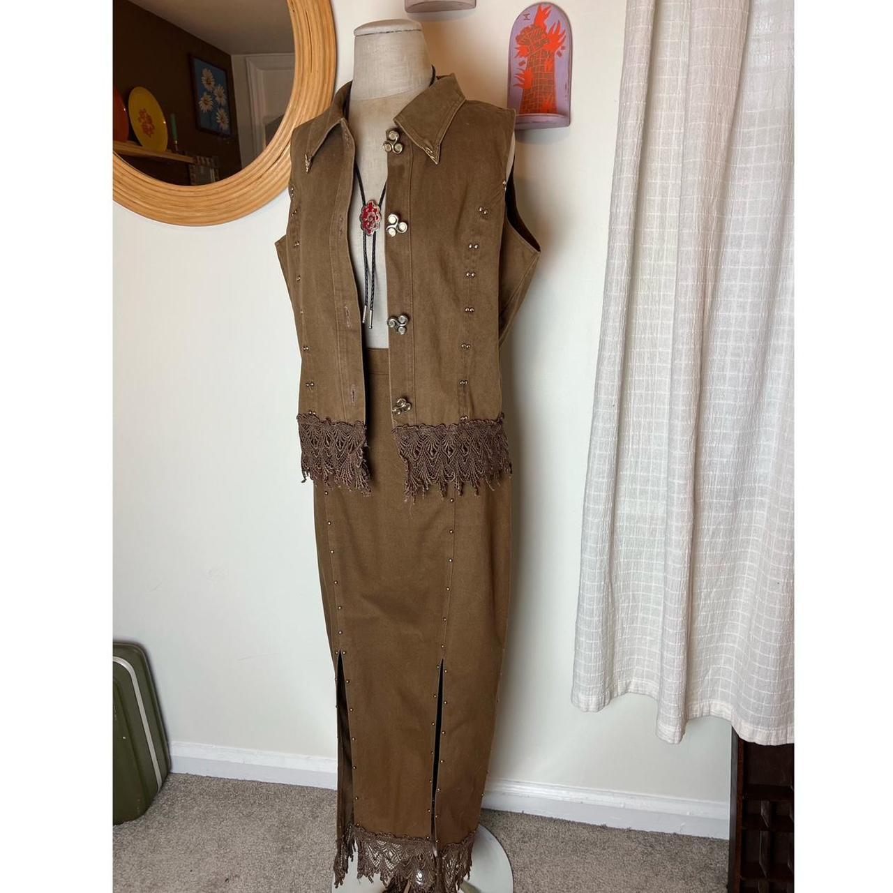 Vintage 80s brown denim western vest & skirt... - Depop