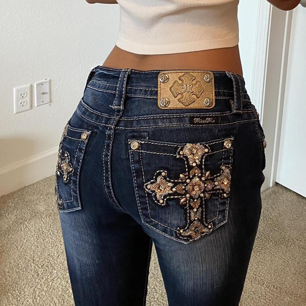 Vintage y2k miss me jeans with cross pattern... - Depop