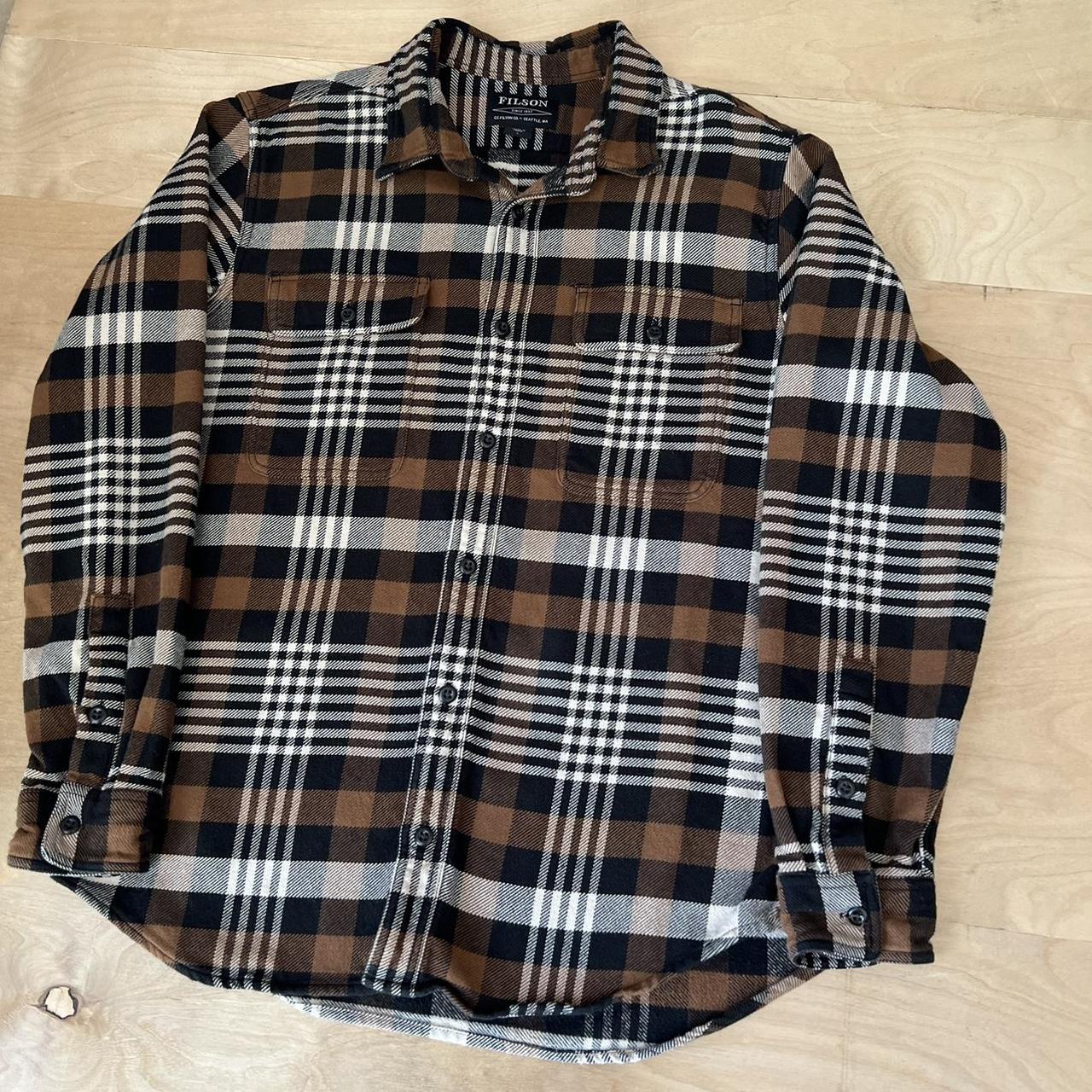 Filson Flannel Large Brown Black Plaid Heavy Button... - Depop