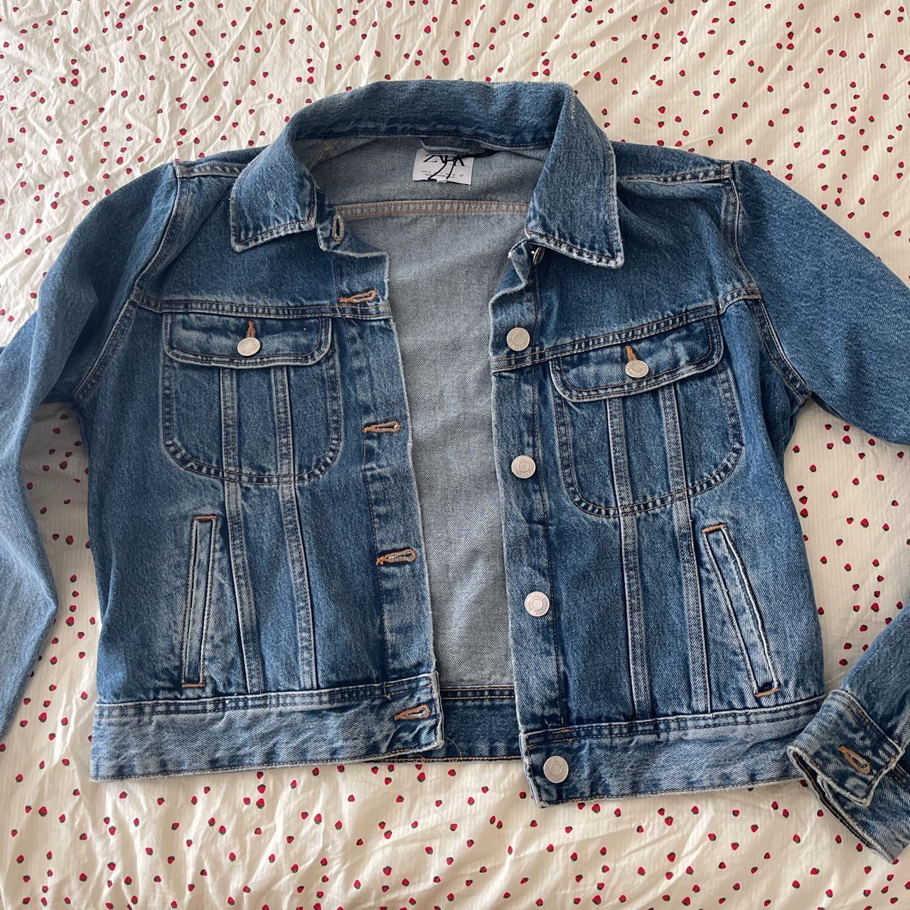 zara cropped denim jacket size L modelled on a size... - Depop