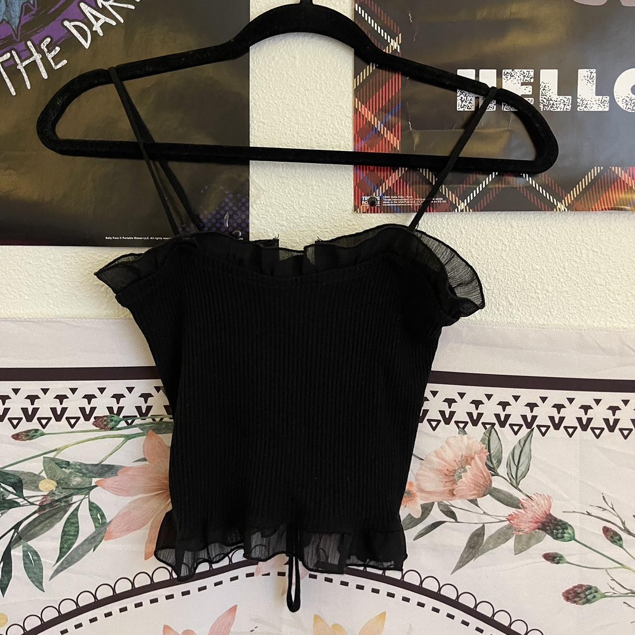 black lace ribbed cami with lacing in the back size... - Depop