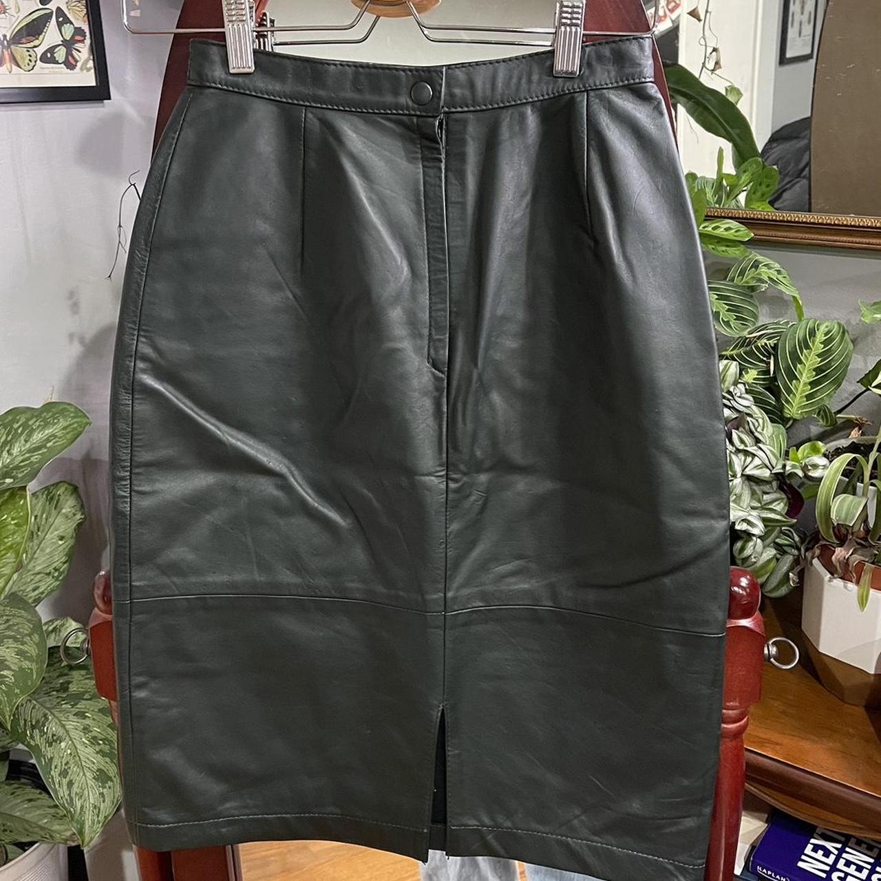 Vintage dark green leather skirt. Measures about 25... - Depop