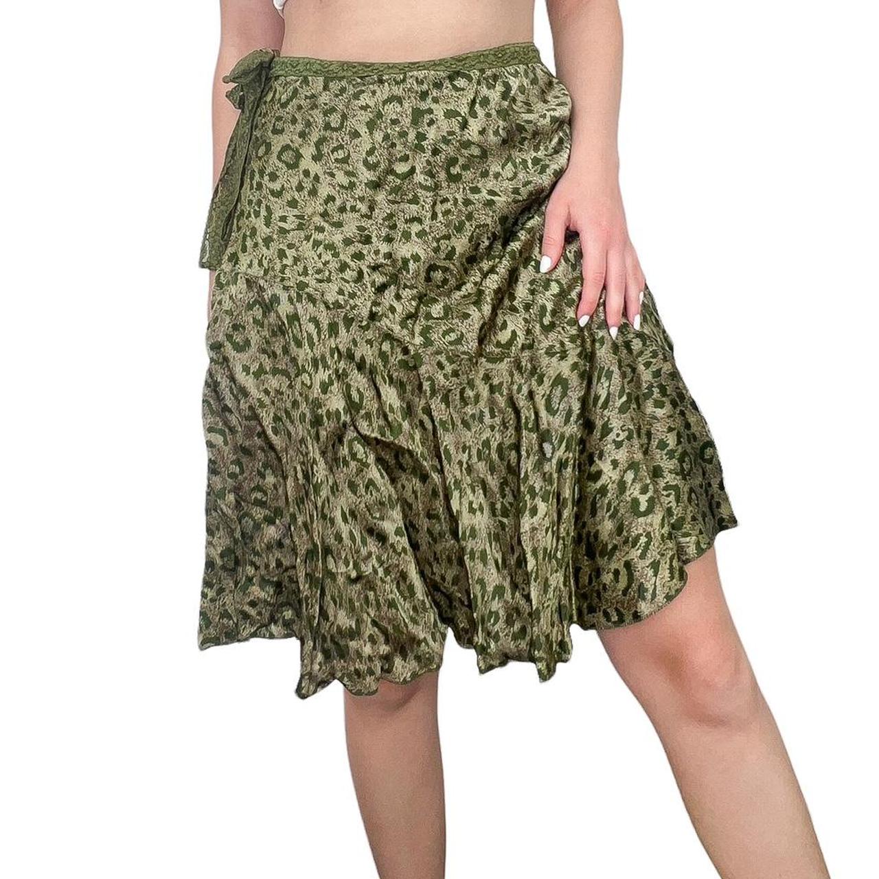 Green Satin Midi Skirt Leopard print with lace... - Depop