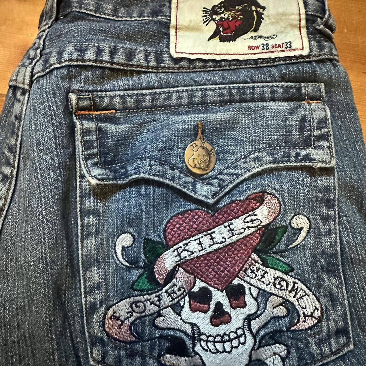 vintage baggy ed hardy jeans!!!! size waist 38 super... - Depop