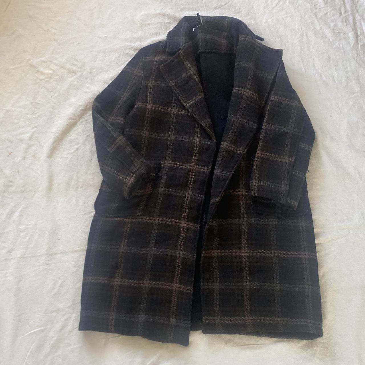 brown and black plaid wool coat frayed pockets: i... - Depop