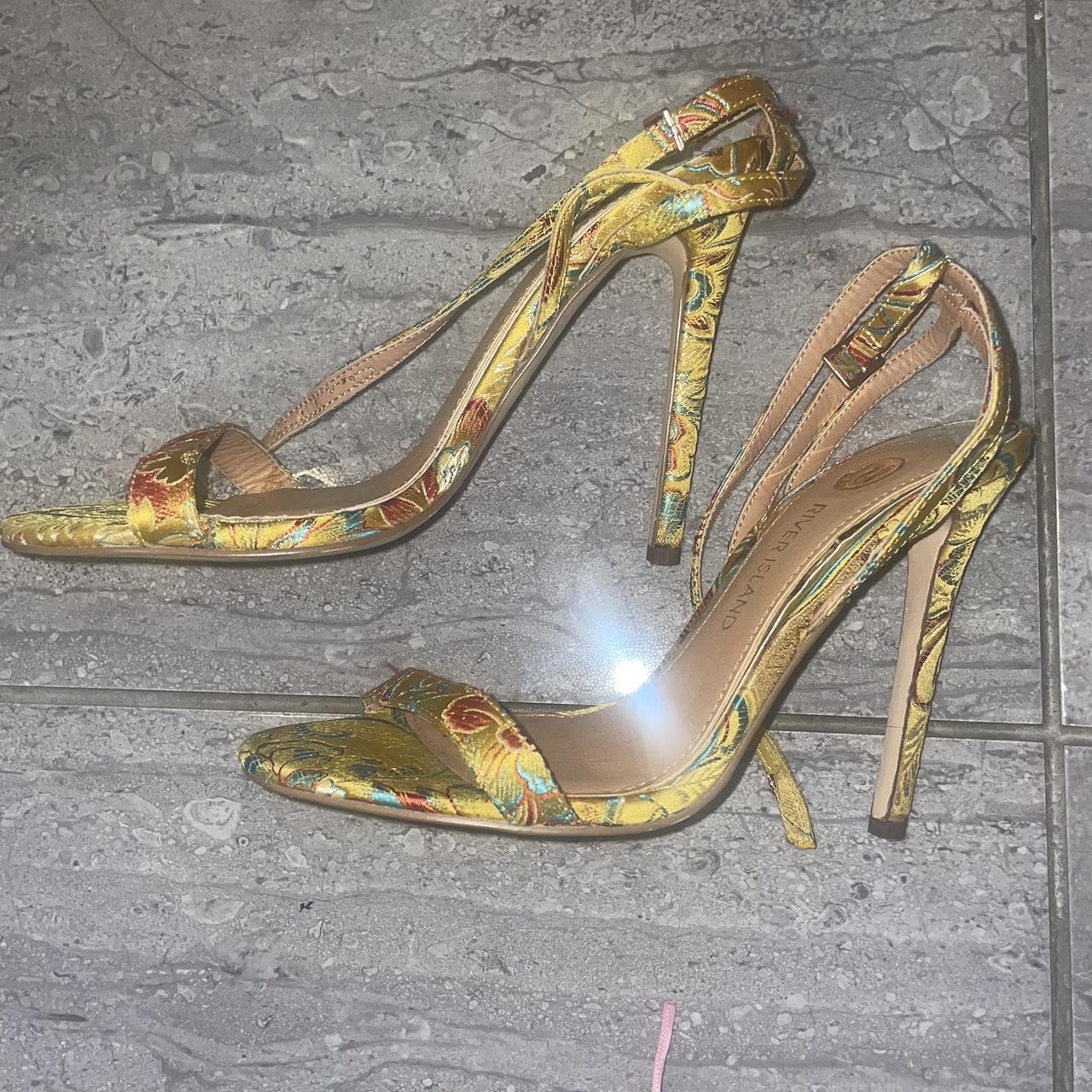 Yellow satin strappy sandals with floral oriental Depop