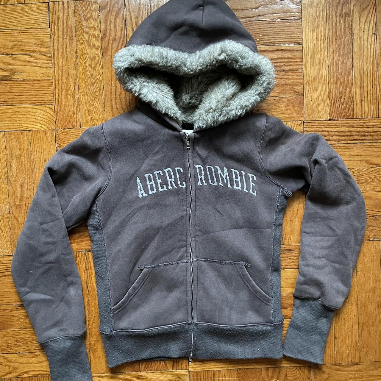 Gray Abercrombie faux fur double zip up hoodie. | Depop