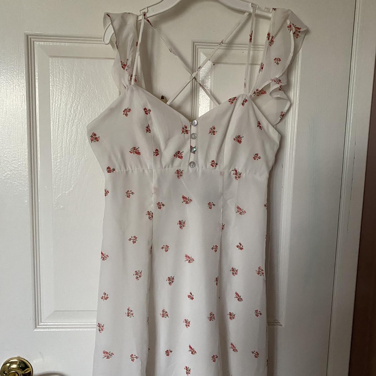 White floral dress, has cute little pink flowers and... - Depop