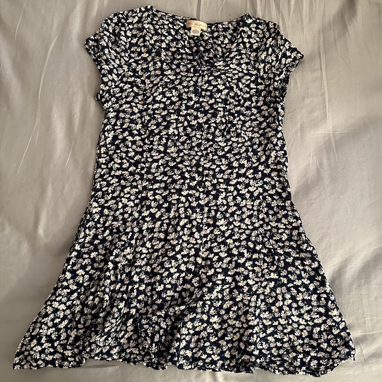 Medium navy blue flower print dress with corset back... - Depop