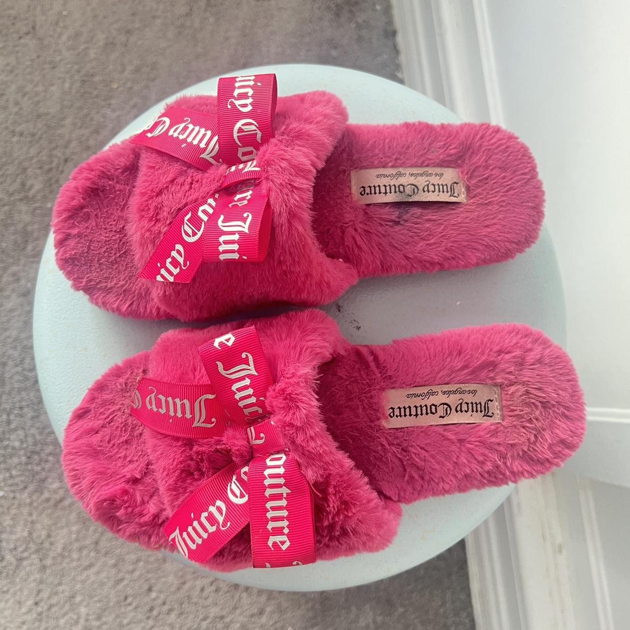 y2k pink coquette fluffy faux fur slippers with bows... - Depop