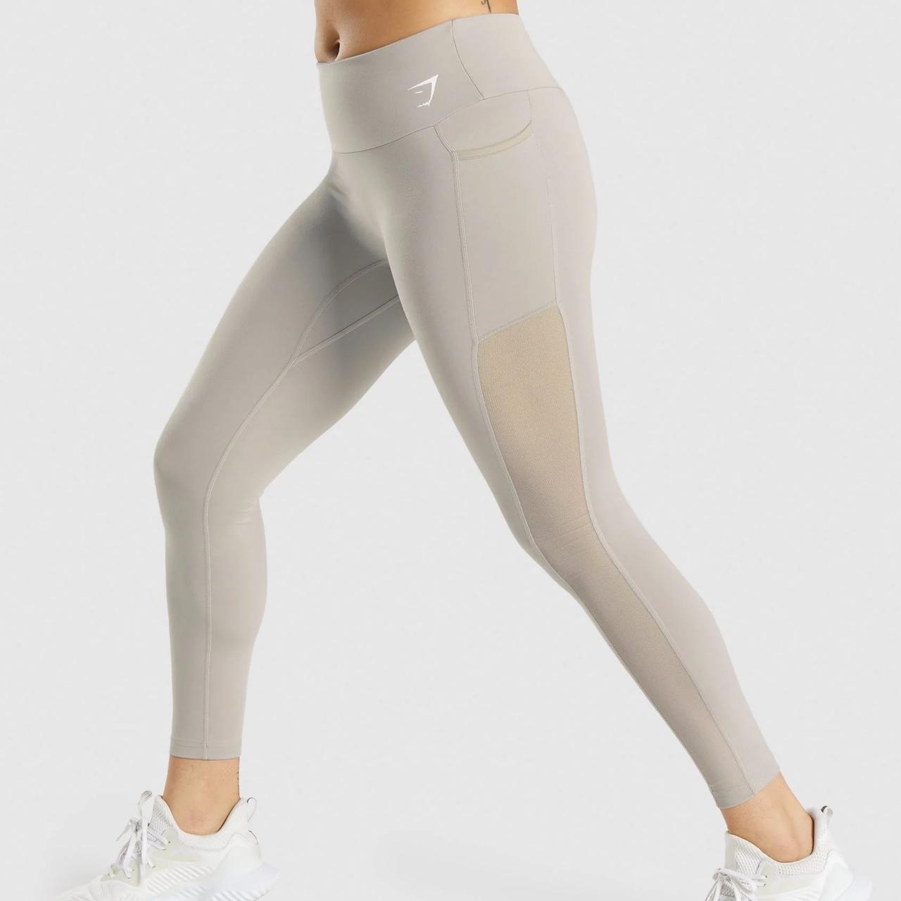 Gym shark mesh pocket leggings in beige/grey. - Depop
