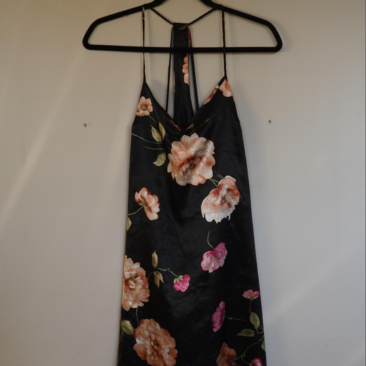 black satin strappy floral slip dress, perfect for... - Depop