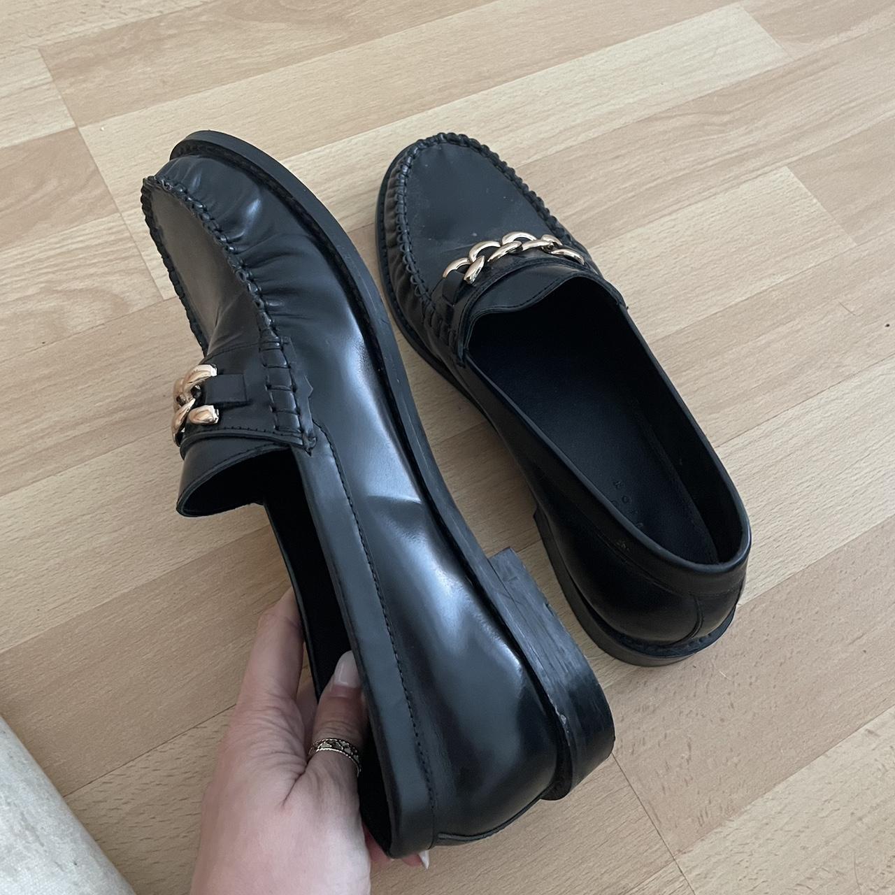 black loafers with gold buckle detailing ASOS size... - Depop