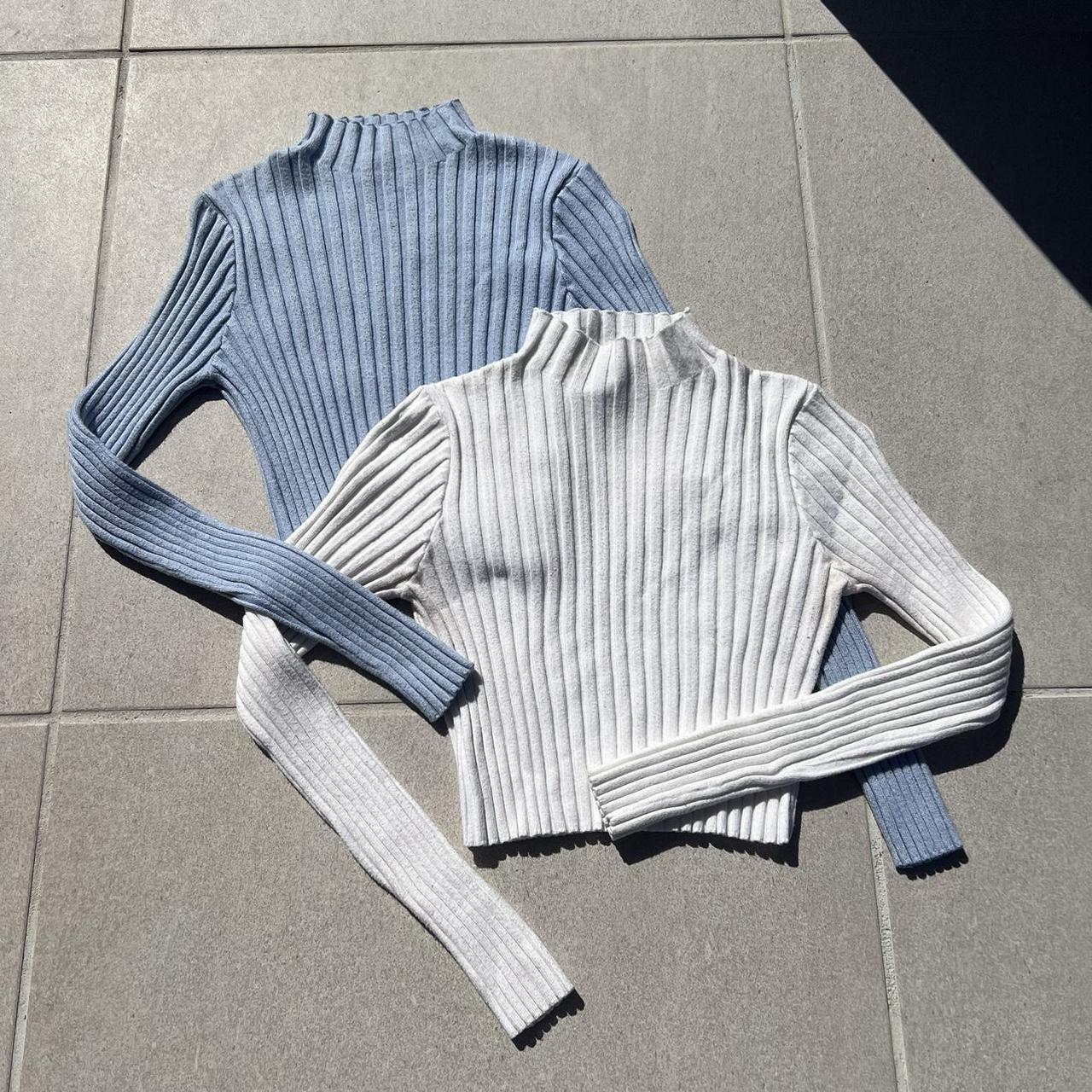 Blue and White cropped turtle neck / mock neck... - Depop
