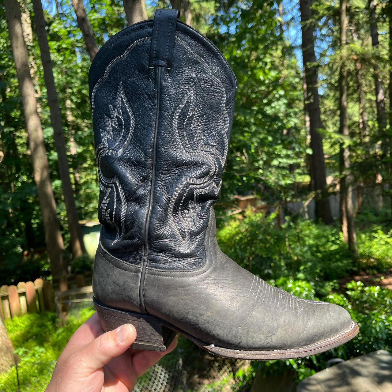靴 vintage tony lama gray long boots Vintage Tony Lama Gray & Black Cap Toe Cowboy Boots Size 9.5