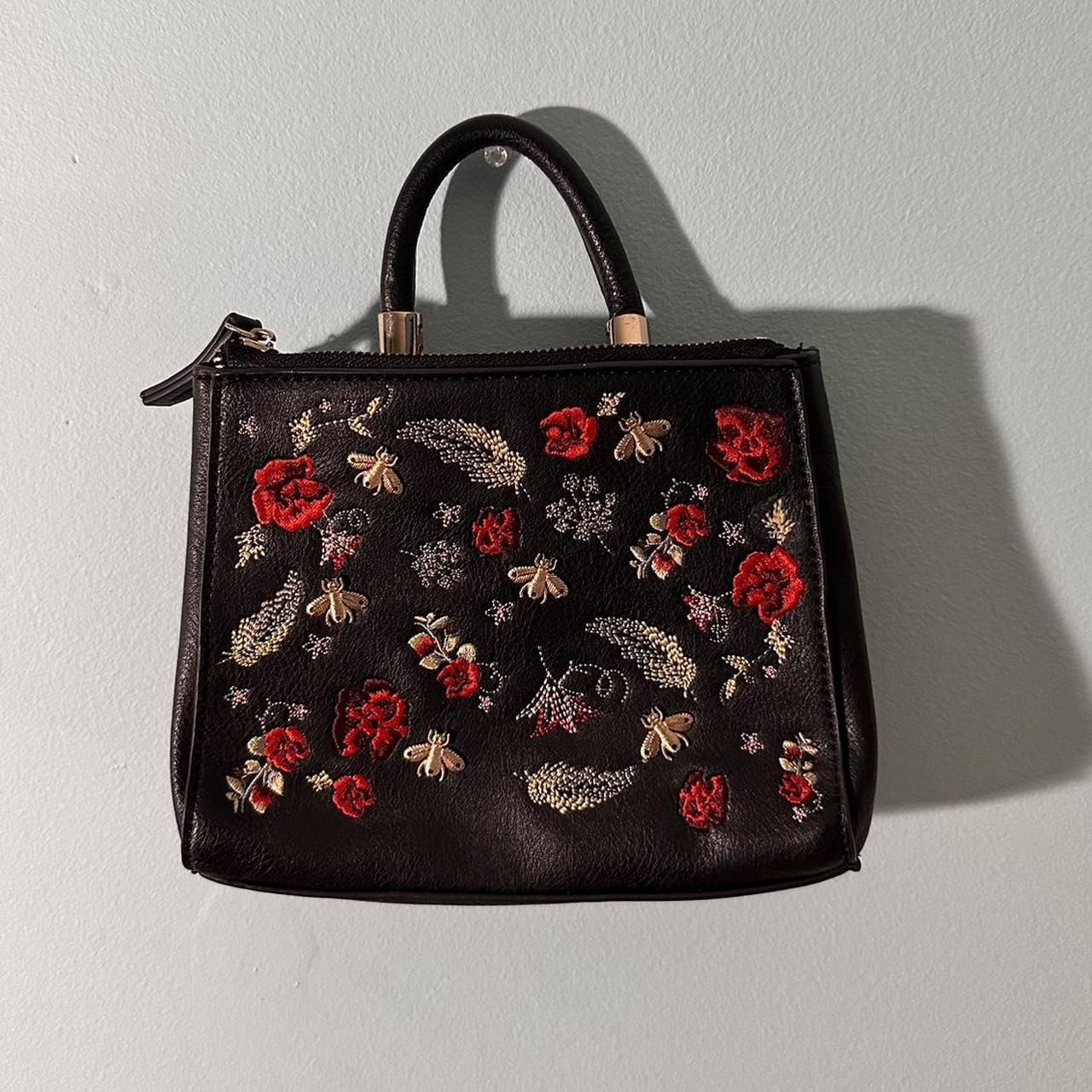 Embroidered bee and flower mini faux leather bag... - Depop