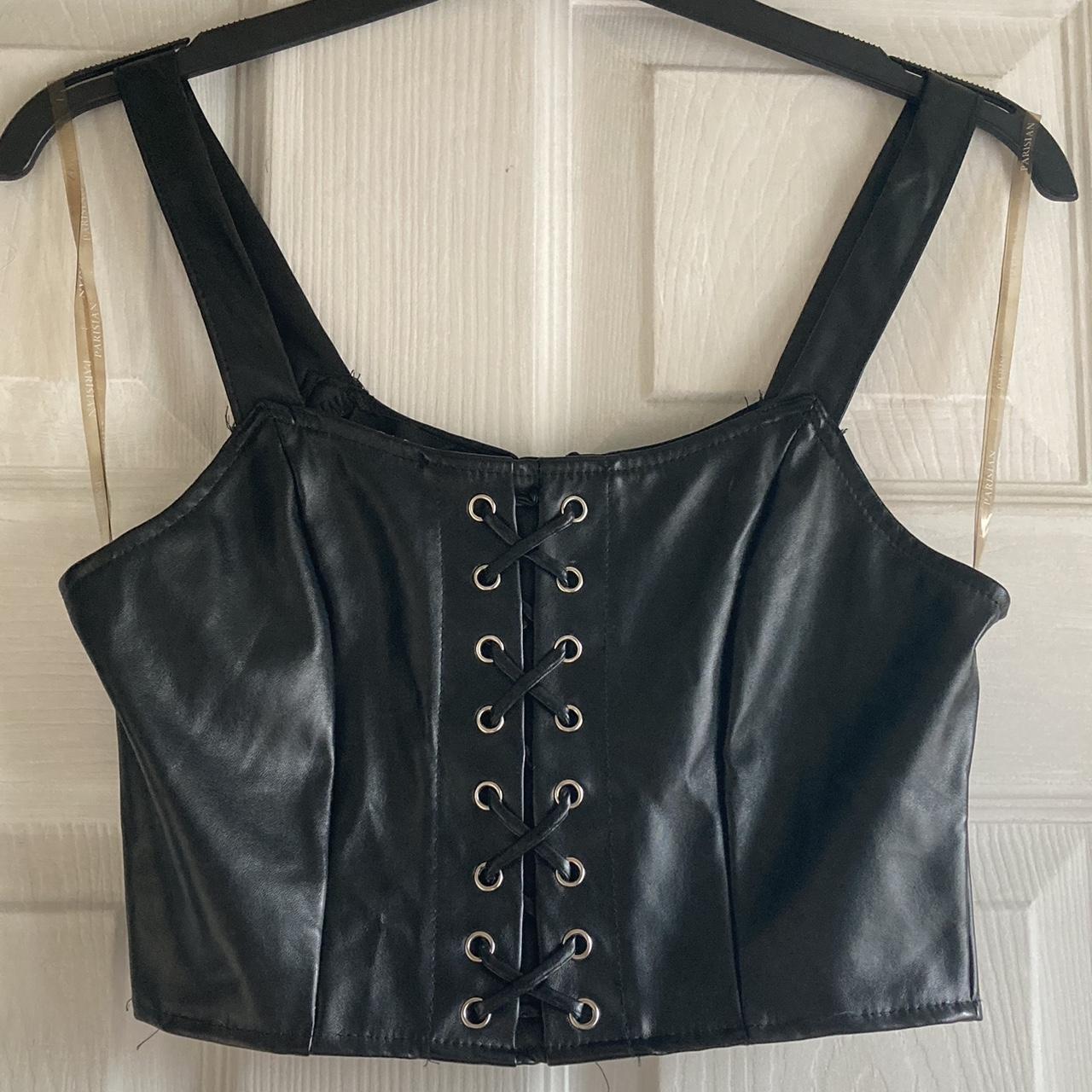 Parisian Black Faux Leather Corset Crop Top Size Depop