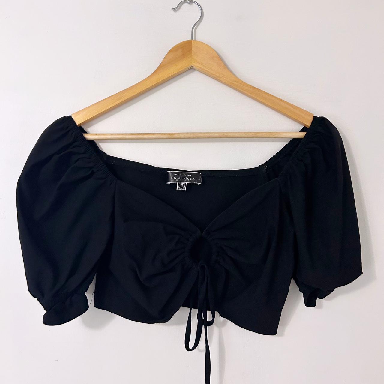 Blue Blush Black Keyhole Puff Sleeve Top Color:... - Depop