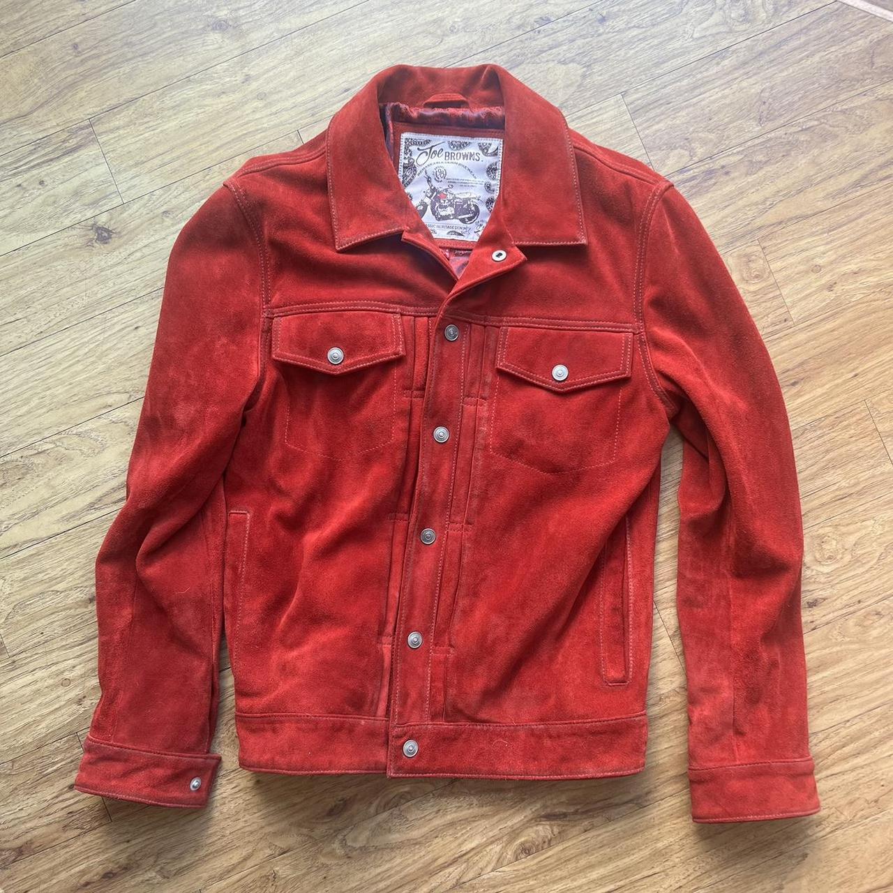 Joe Browns Red Suede Leather Trucker Jacket Label... - Depop