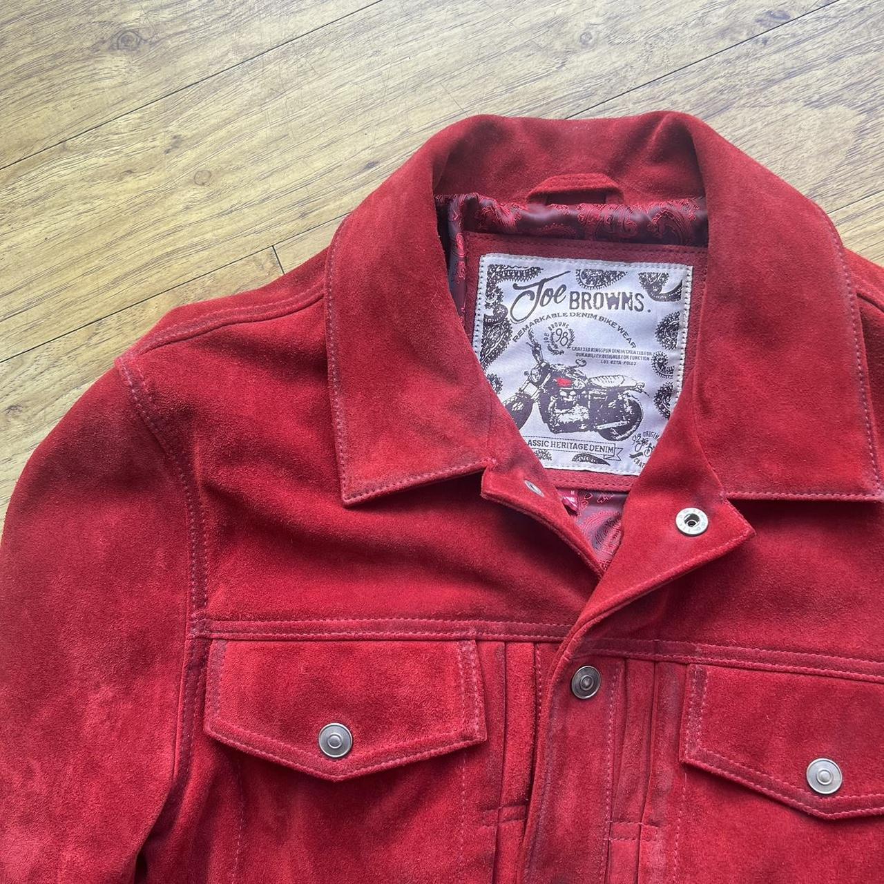 Joe Browns Red Suede Leather Trucker Jacket Label... - Depop