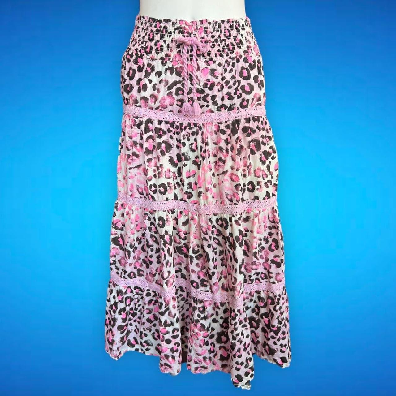 y2k justice leopard pink midi maxi skirt size youth Depop