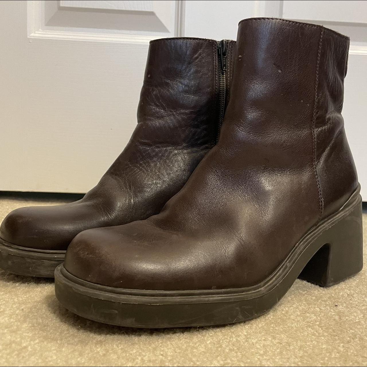 vintage 90s chocolate brown square toe boots... - Depop