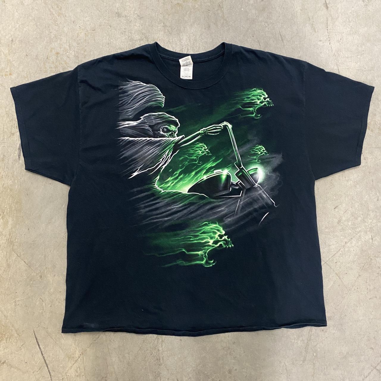 Vintage Y2K Green Grim Motorcycle Rider T-shirt •... - Depop