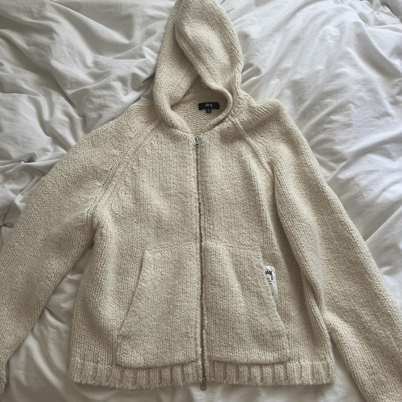 Stussy Chunky Knit Zip Hoodie in Ivory size Medium, | Depop