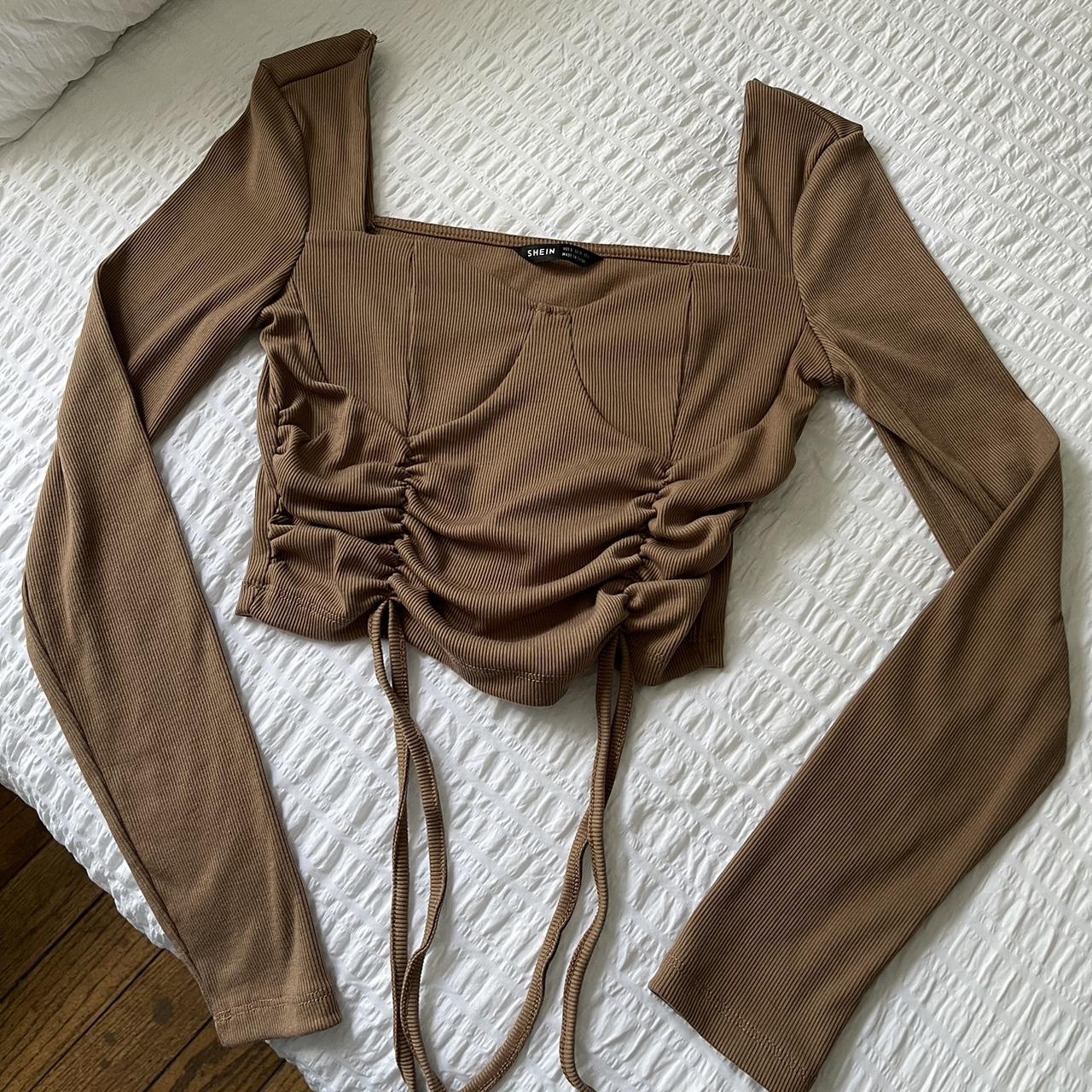 shein brown adjustable long sleeve cropped top ️... Depop