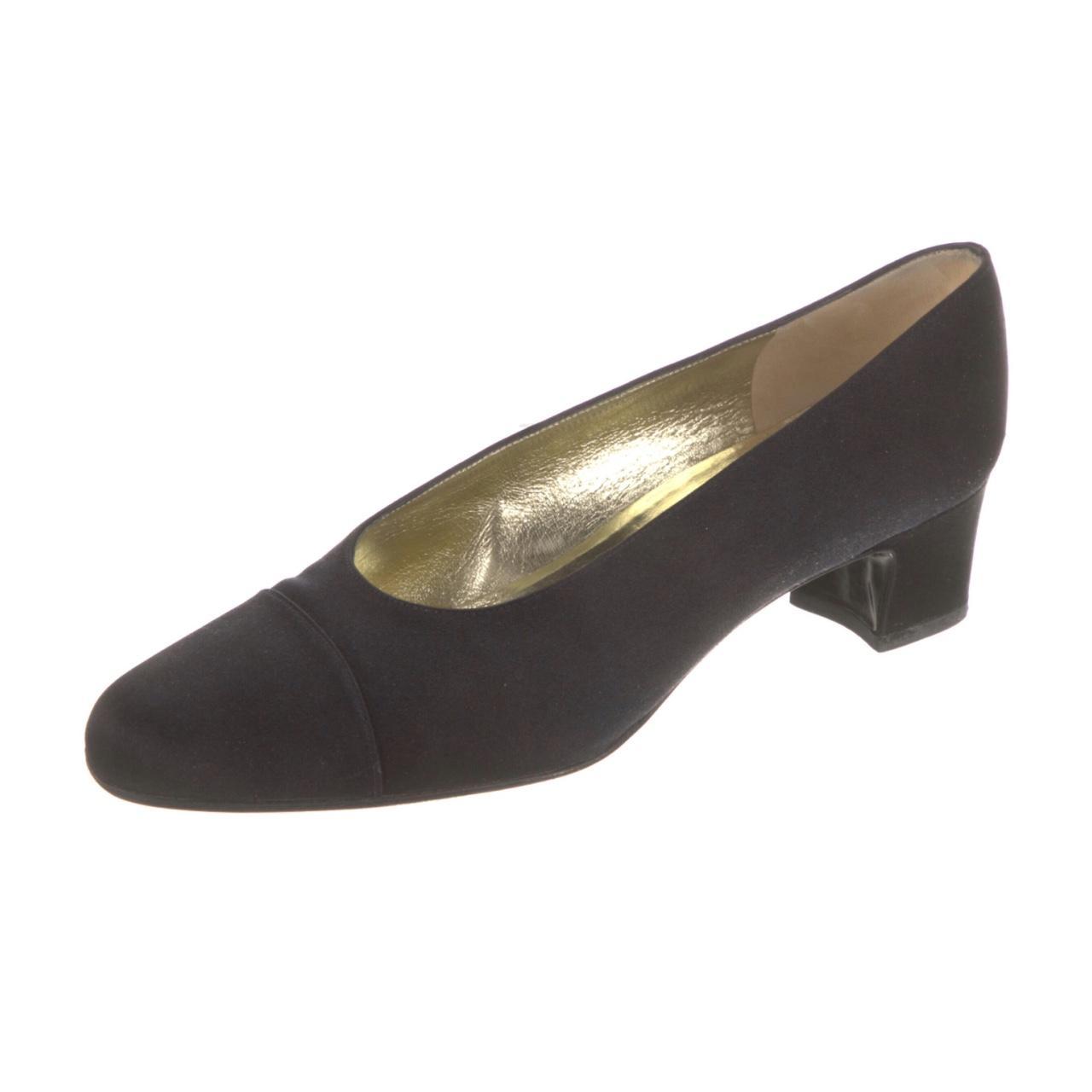 Black cap toe satin pumps