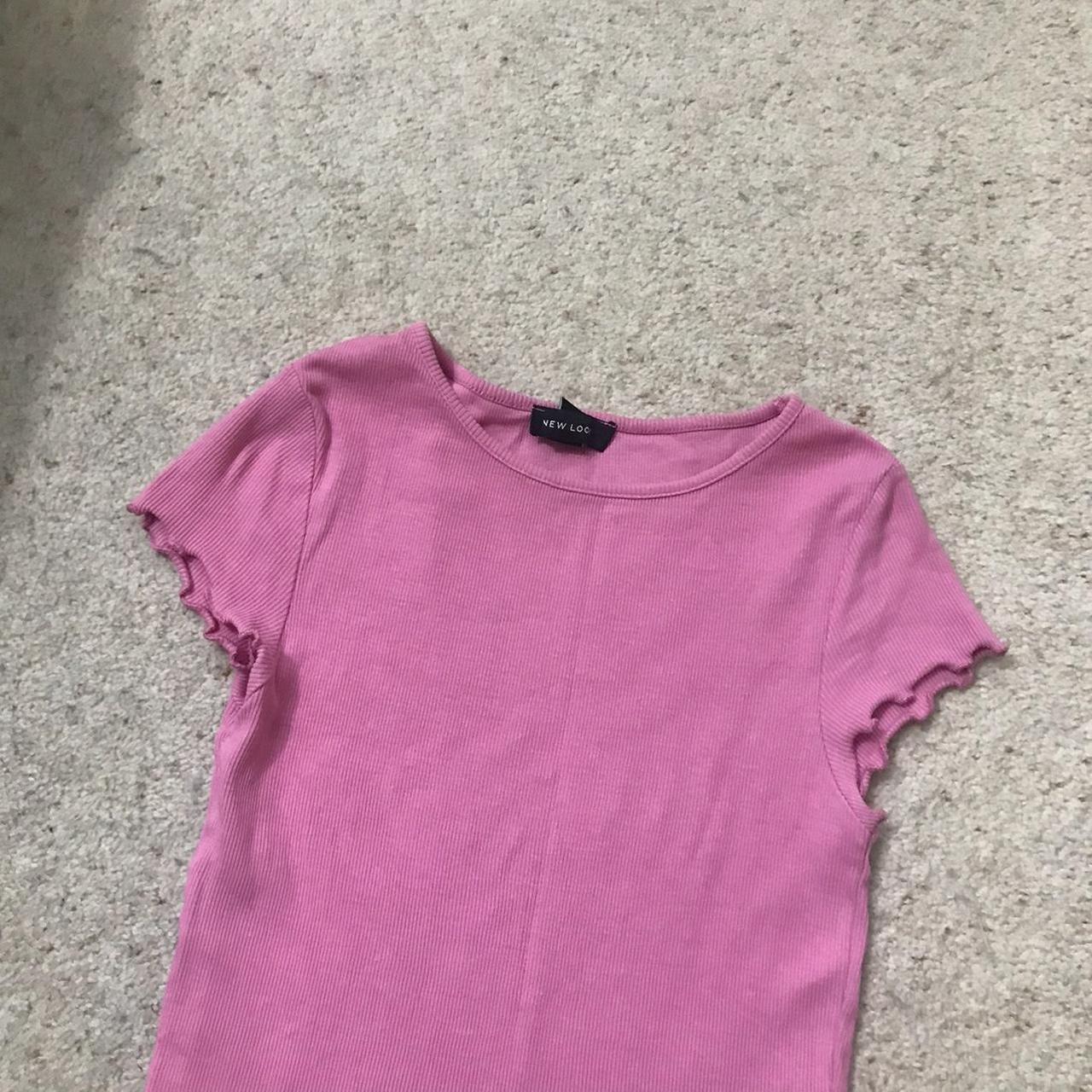 Y2k pink fitted baby tee with lettuce edge hem and... - Depop