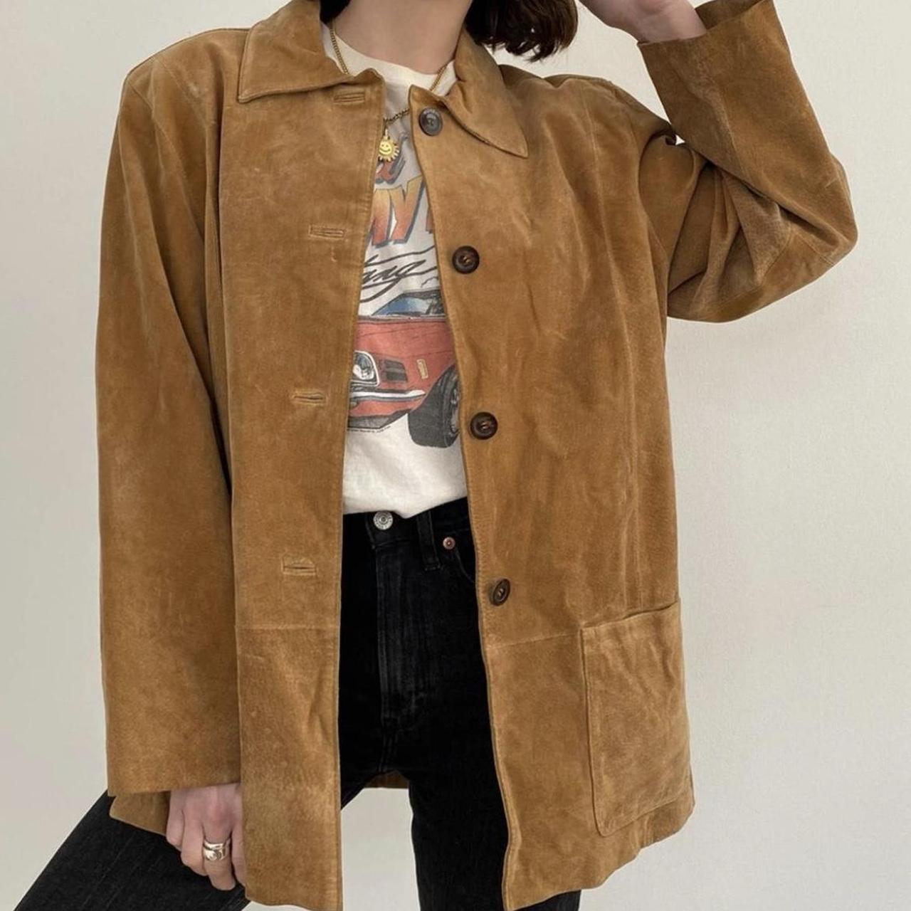90s Vintage Oversized Suede Leather Shirt Jacket Tan... - Depop
