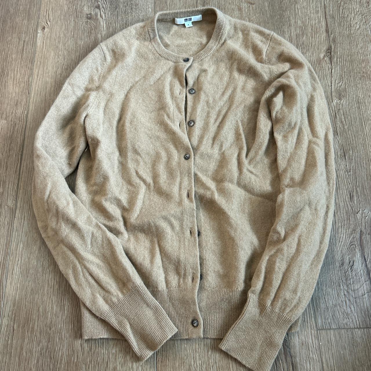 Brown/Tan Uniqlo Button Up cardigan - very very... - Depop