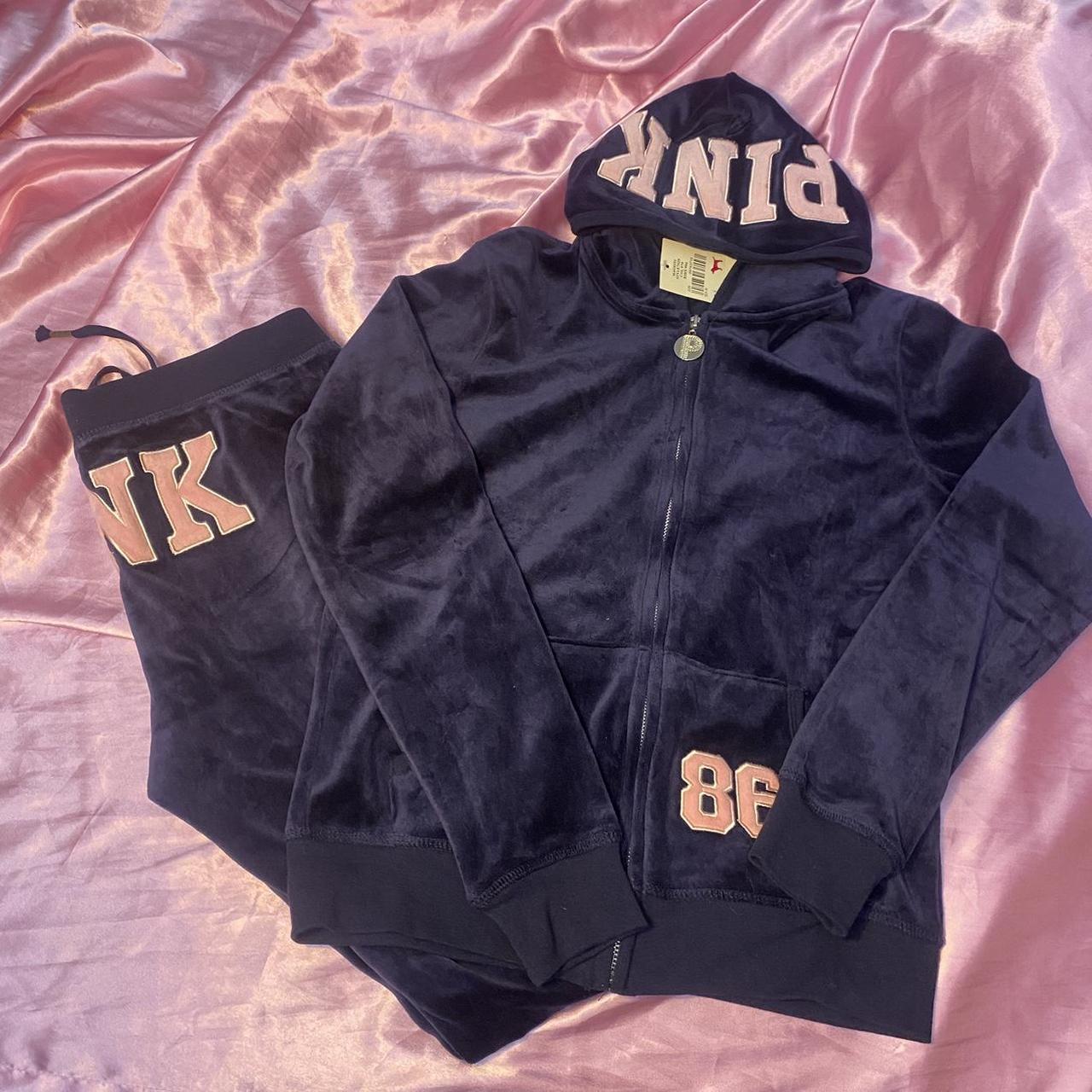 Pink victoria secret set velour navy/pink... - Depop