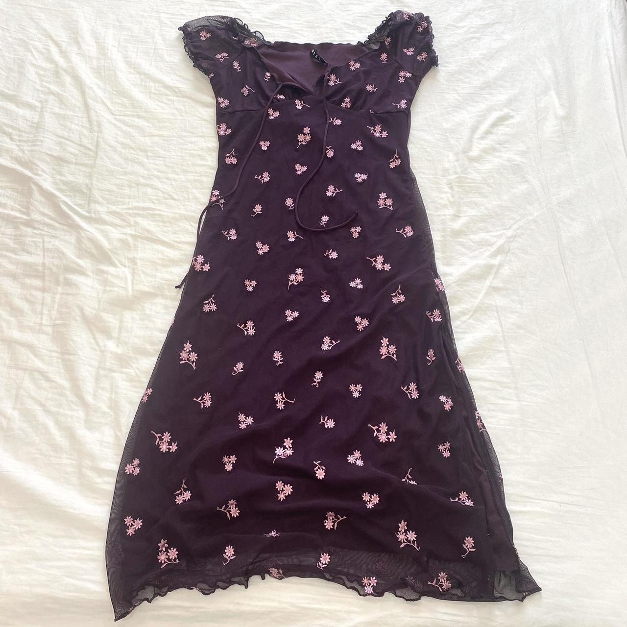 motel purple floral ruffle midi dress ties at the... - Depop