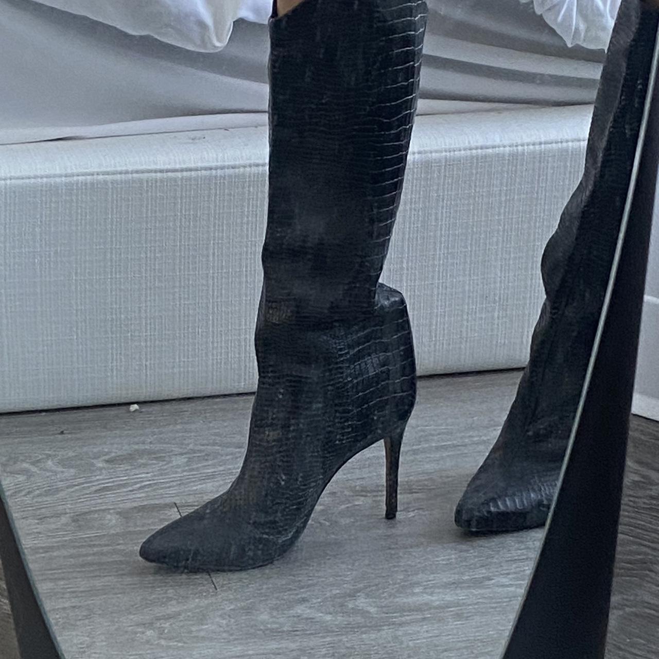 Schutz Maryana Black - Black Leather Boots - Croc-Embossed Boots