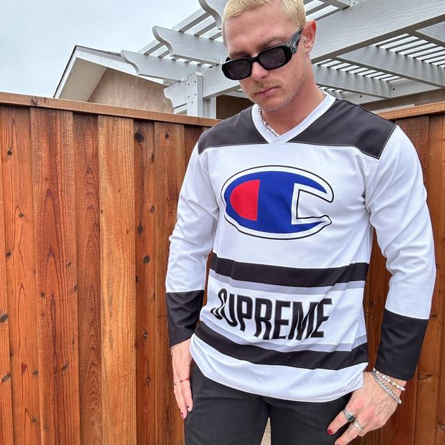 Supreme x Champion Hockey Jersey Top White Black... - Depop