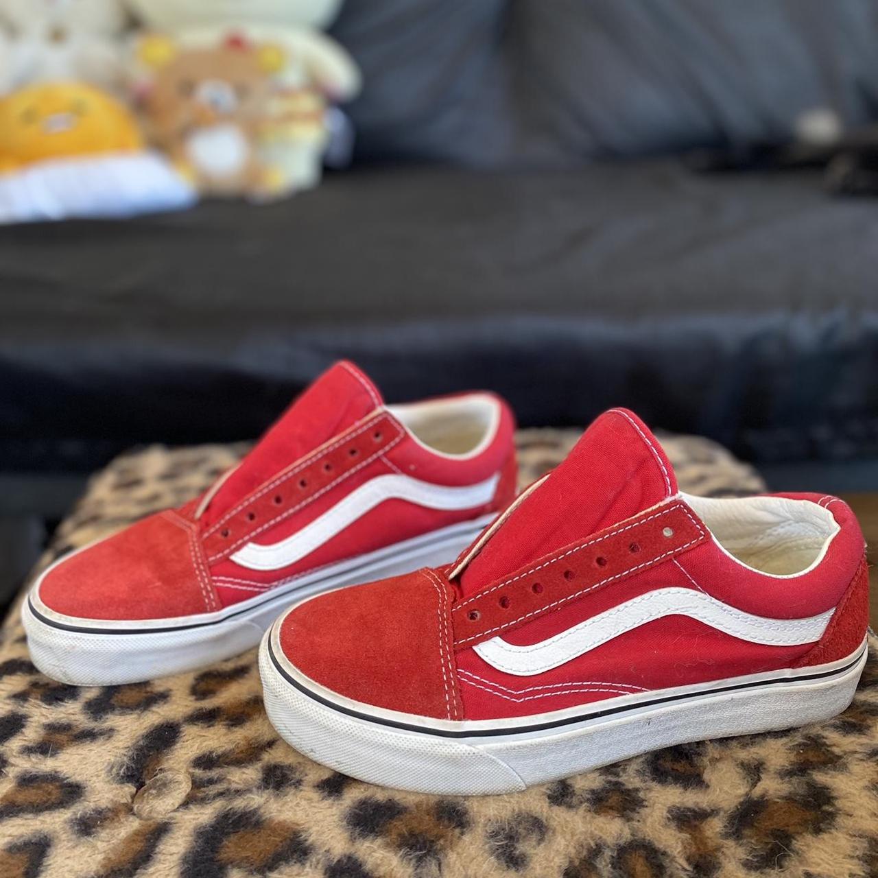 Red/white laceless vans like new (Small burn on... - Depop