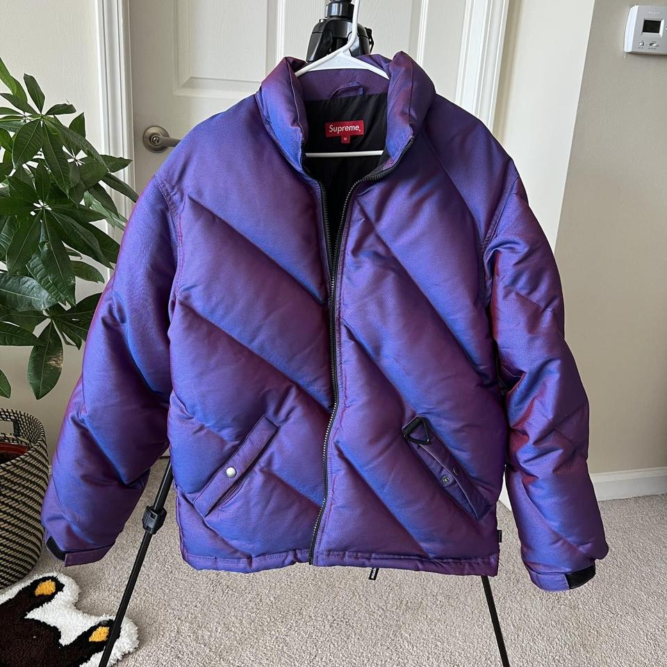 Supreme Iridescent puffer jacket in purple - Depop