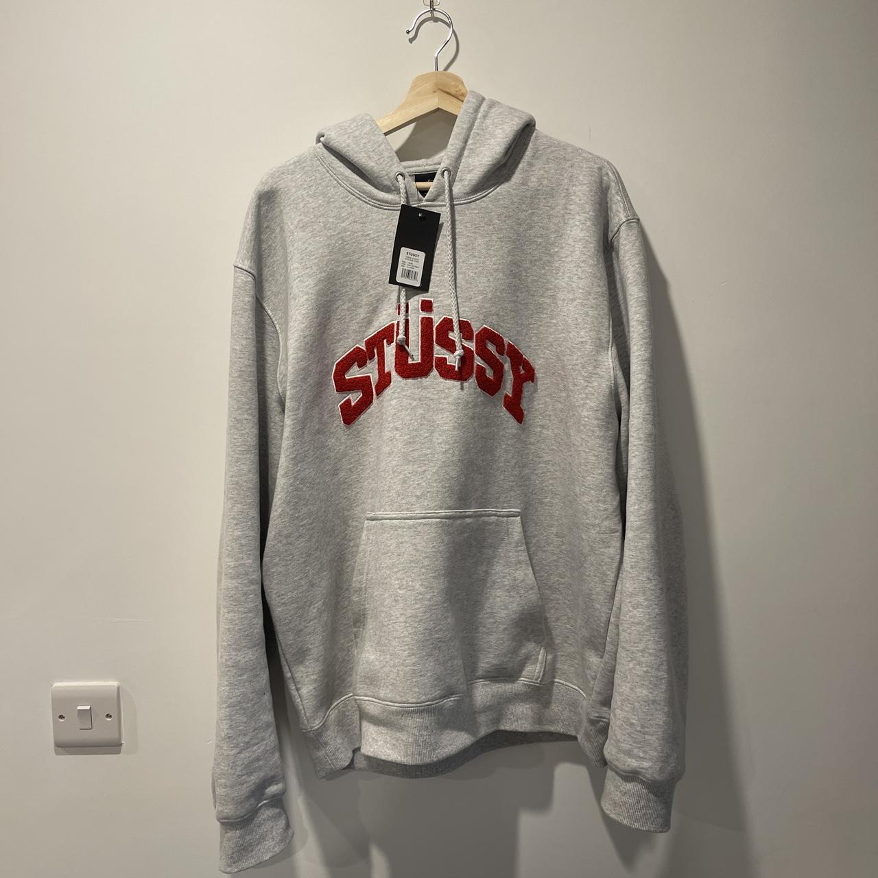 Stussy Grey/Red Chenille Arch Appliqué Hoodie New... - Depop