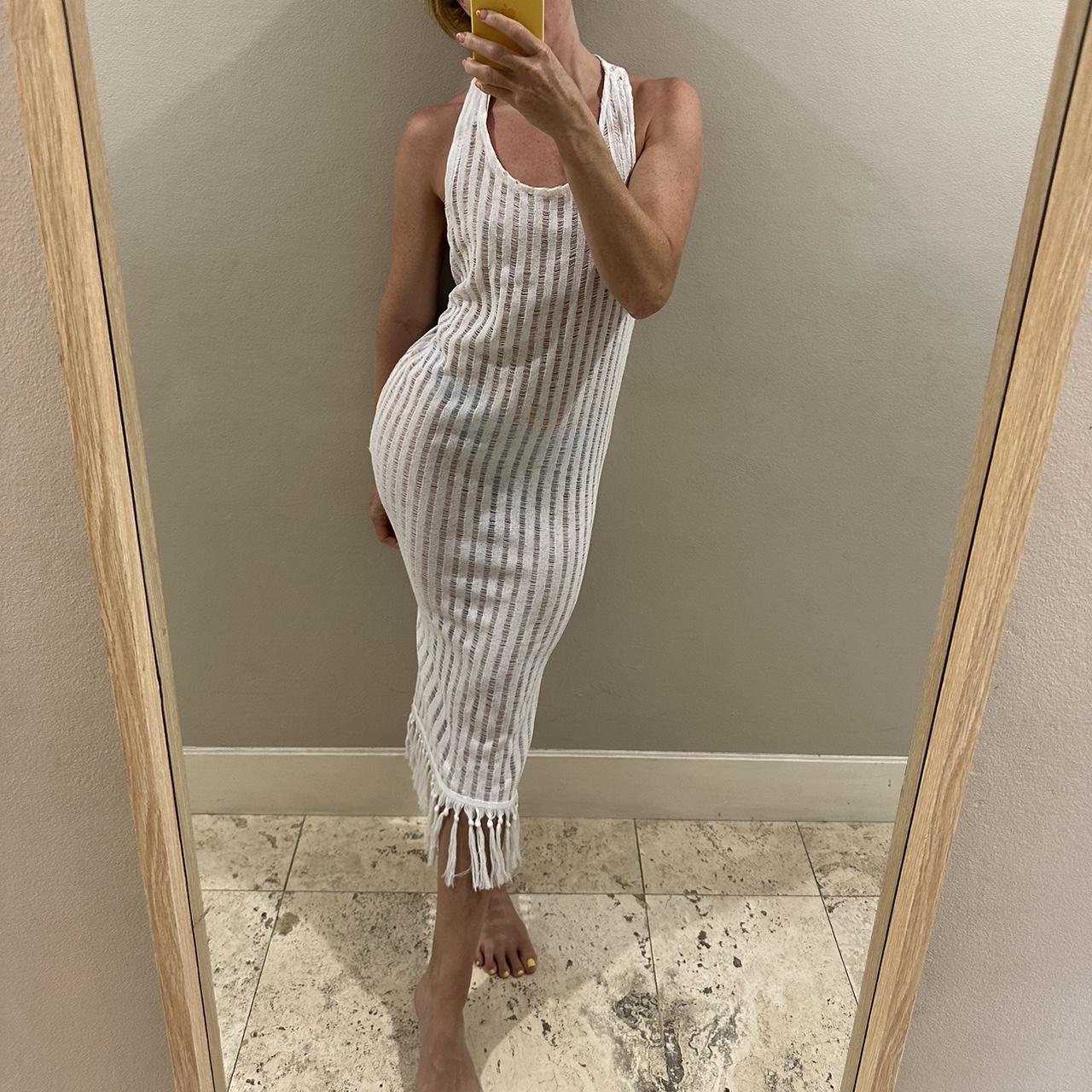 White tassel knit beach cover up midi dress Size S Depop
